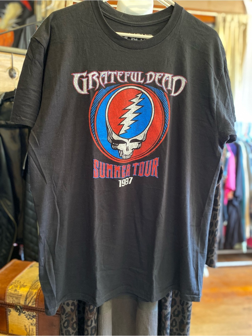 Grateful Dead Black Tee with Red & Blue Summer 1987 Tour lightning bolt skull